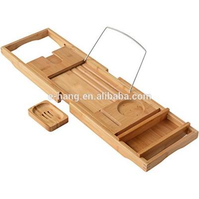 2020 Manufacturer Organic Luxury Bamboo Bathtub Caddy Tray Hot Sell Natural Color Bamboo Bathtub Caddy with Wine Glass Holder